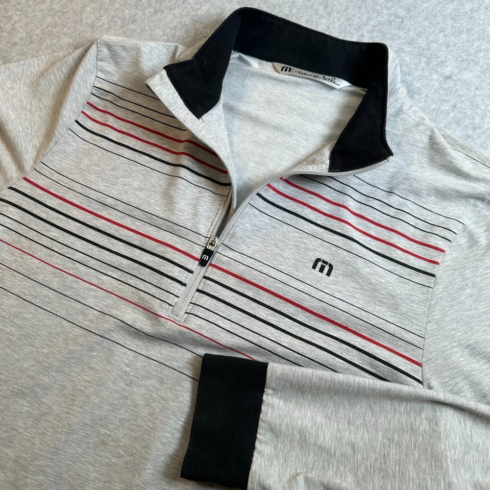 Travis Mathew Mens Large Quarter Zip Pullover Gray Striped Golf Stretch Shirt